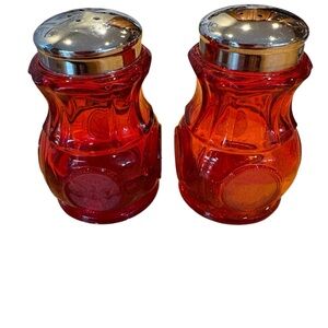 Vintage Fostoria Red Frosted Coin Dot Salt & Pepper Shakers
